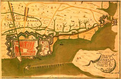 Calais dans les années 1630, tourné à 180° pour des raisons de commodité. Le petit Fort Nieulay 3.0 se trouve en haut à droite ! Au moins, il est correctement orthographié sur cette carte.